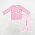 GLP1403 Smiling Face Embroidery Pink Top Stripes Pants Girls Halloween Clothes Set