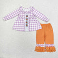 GLP1434 Ghost Pumpkin Embroidery Checkered Tunic Top Orange Pants Girls Halloween Clothes Set