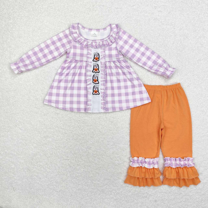 GLP1434 Ghost Pumpkin Embroidery Checkered Tunic Top Orange Pants Girls Halloween Clothes Set