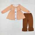 GLP1435 Turkey Embroidery Stripes Tunic Top Brown Pants Girls Thanksgiving Clothes Set