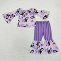 GLP1448 Characters Call Flowers Top Purple Stripes Bell Pants Girls Halloween Clothes Set
