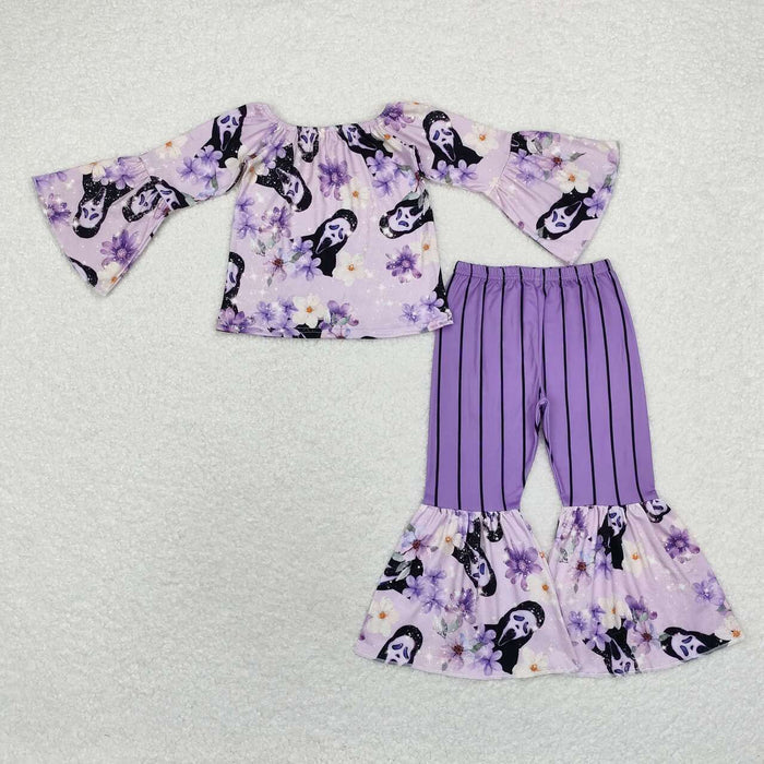 GLP1448 Characters Call Flowers Top Purple Stripes Bell Pants Girls Halloween Clothes Set