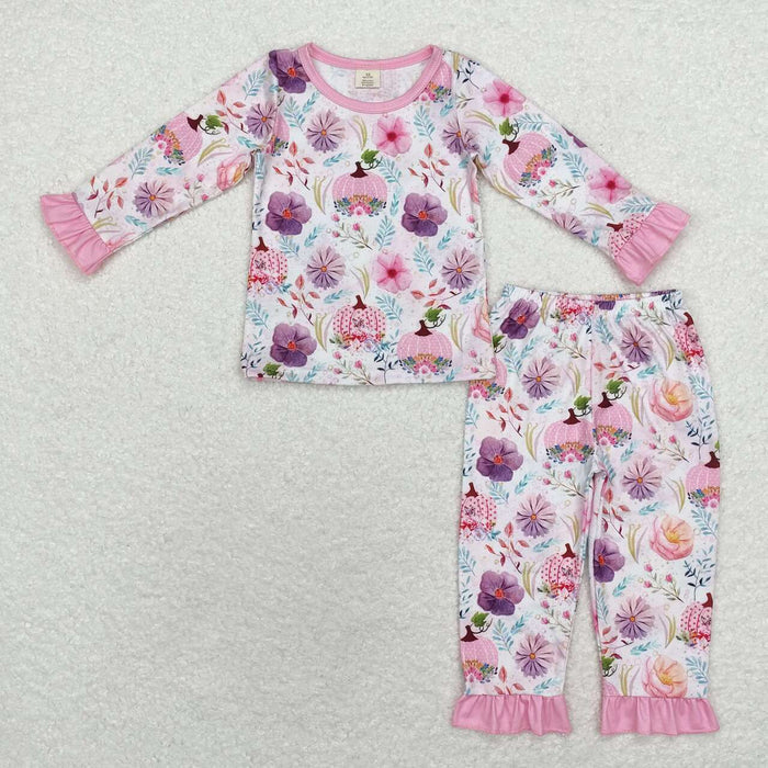 GLP1482 Pumpkin Flowers Long Sleeve Pants Girls Fall Pajamas Clothes Set