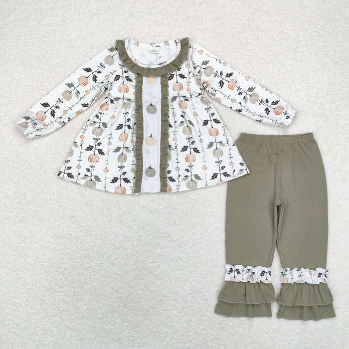 GLP1499 Pumpkin Embroidery Tunic Top Ruffle Pants Girls Fall Clothes Set