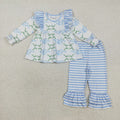 GLP1548 Pumpkin Bows Tunic Top Stripes Ruffle Pants Girls Fall Clothes Set