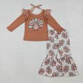 GLP2605  Turkey Brown Top Bell Pants Girls Thanksgiving Clothes Set