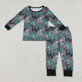GLP3254 Baby Boys Western Bull Skulls Butterfly Turquoise Long Sleeve Pajama Set