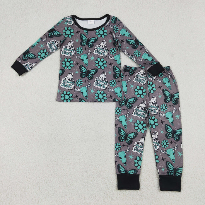 GLP3254 Baby Boys Western Bull Skulls Butterfly Turquoise Long Sleeve Pajama Set