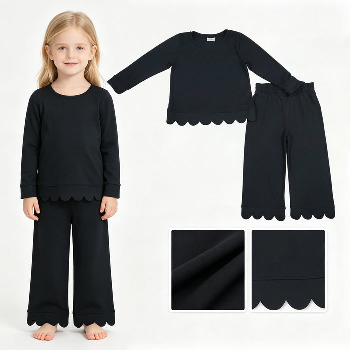 GLP3290 Black Cotton Scallop Edge Long Sleeve Pants Girls Fall Clothes Set