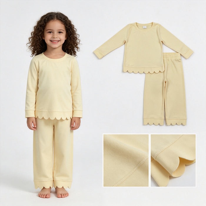 GLP3293 Yellow Cotton Scallop Edge Long Sleeve Pants Girls Fall Clothes Set