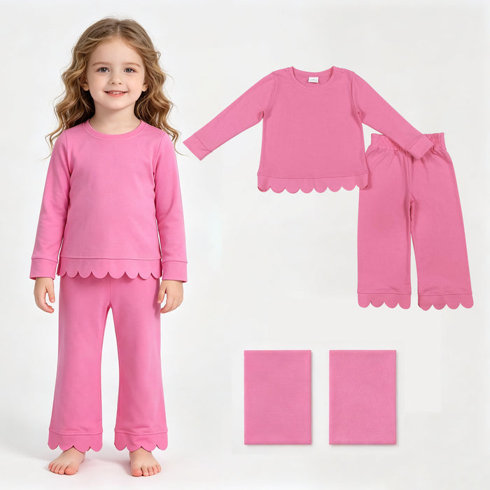 GLP3294 Hot Pink Cotton Scallop Edge Long Sleeve Pants Girls Fall Clothes Set