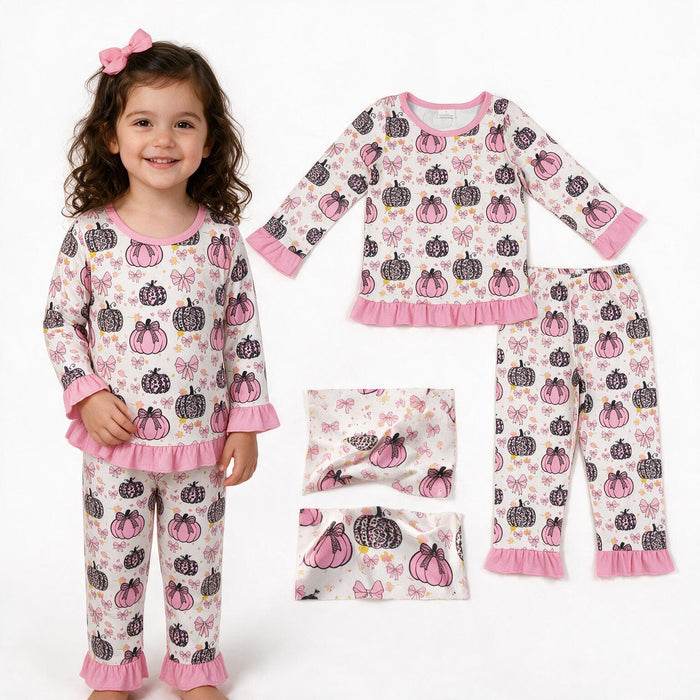 GLP3350 Pumpkin Bows Leopard Pink Girls Fall Pajamas Clothes Set