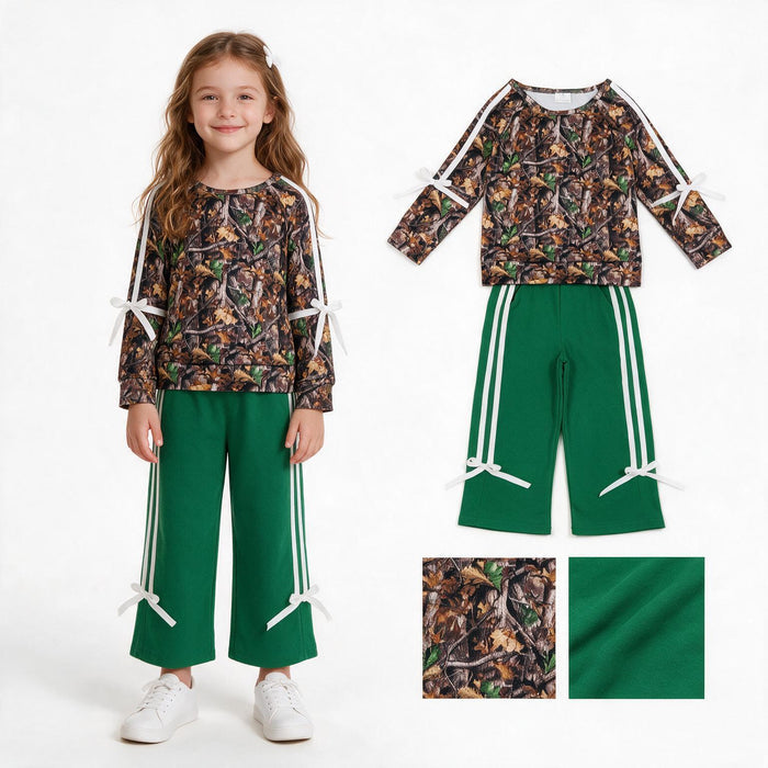 GLP3358 Branch Raglan Sleeve Top Green Straight Pockets Pants Girls Clothes Set