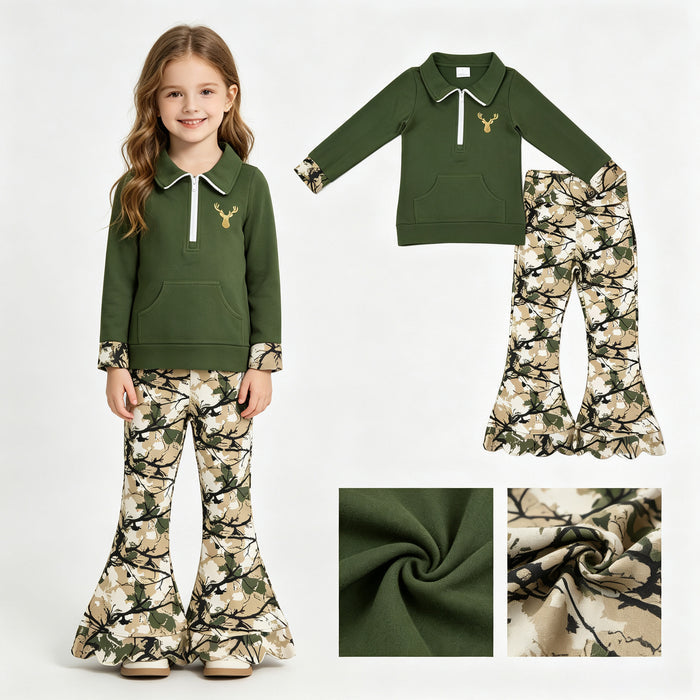 GLP3369 Deer Embroidery Zipper Top Branch Scallop Edge Bell Pants Girls Fall Hunting Clothes Set
