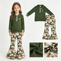 GLP3369 Deer Embroidery Zipper Top Branch Scallop Edge Bell Pants Girls Fall Hunting Clothes Set