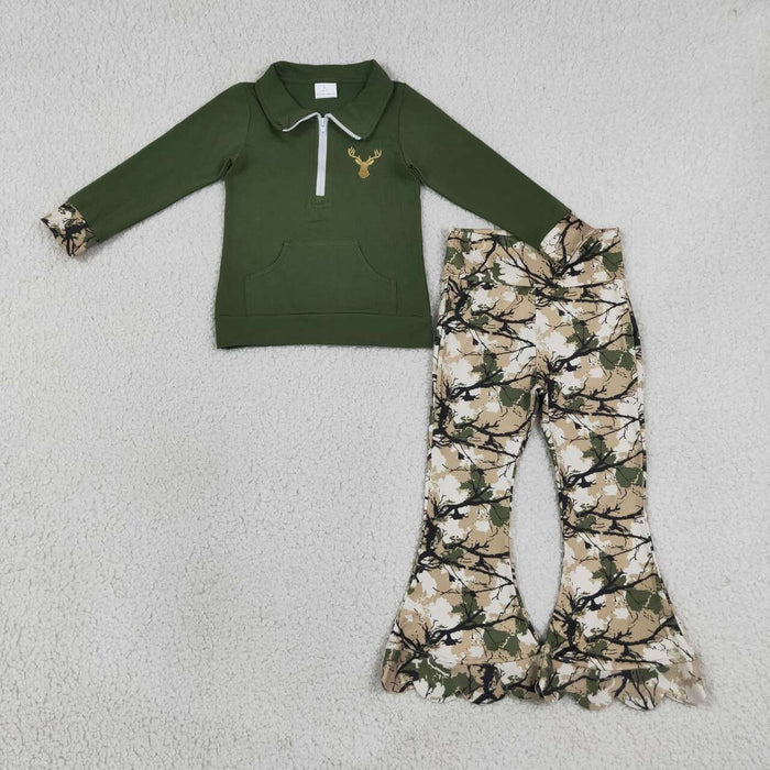GLP3369 Deer Embroidery Zipper Top Branch Scallop Edge Bell Pants Girls Fall Hunting Clothes Set