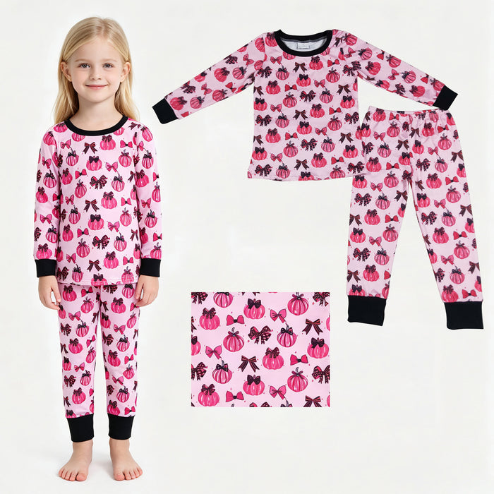 GLP3375 Pumpkin Bows Pink Baby Girls Fall Pajamas Clothes Set