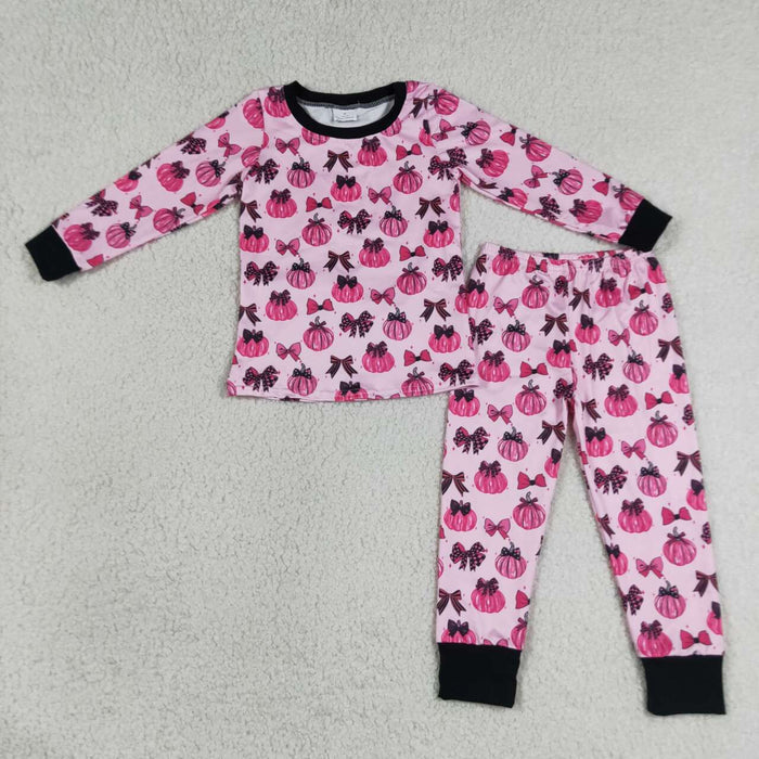 GLP3375 Pumpkin Bows Pink Baby Girls Fall Pajamas Clothes Set