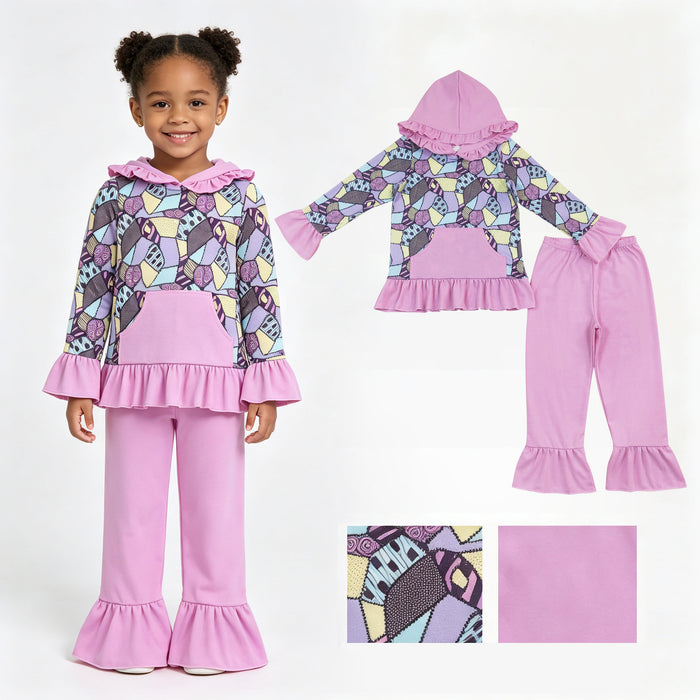 GLP3381 Nightmar* Patchwork Print Hoodie Top Ruffle Pants Girls Pastel Halloween Clothes Set