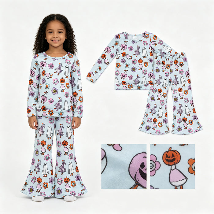 GLP3401 Goose Flowers Pumpkin Bell Pants Girls Halloween Clothes Set
