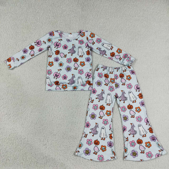 GLP3401 Goose Flowers Pumpkin Bell Pants Girls Halloween Clothes Set