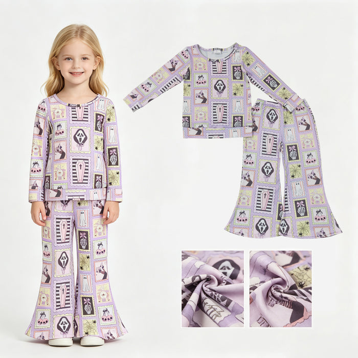 GLP3402 Ghost Cherry Bows Plaid Print Bell Pants Girls Halloween Clothes Set