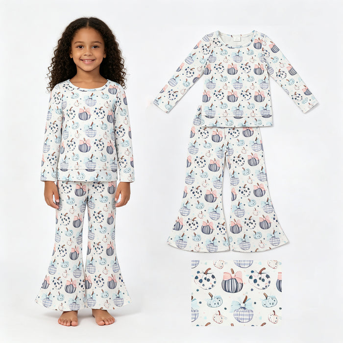 GLP3403 Pumpkin Bows Print Bell Pants Girls Fall Clothes Set