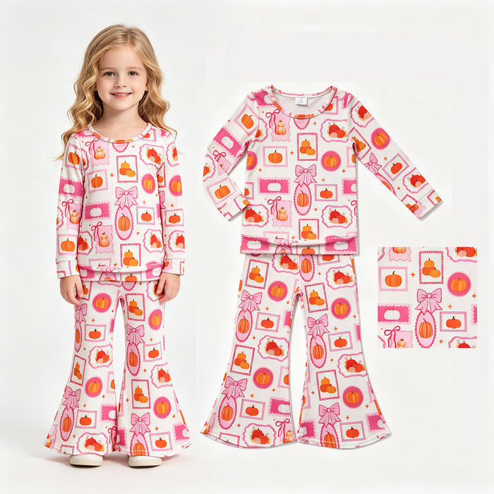 GLP3405 Pumpkin Bows Pink Print Bell Pants Girls Fall Clothes Set