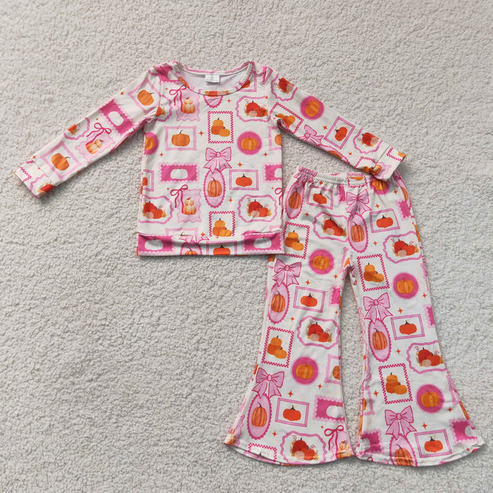GLP3405 Pumpkin Bows Pink Print Bell Pants Girls Fall Clothes Set