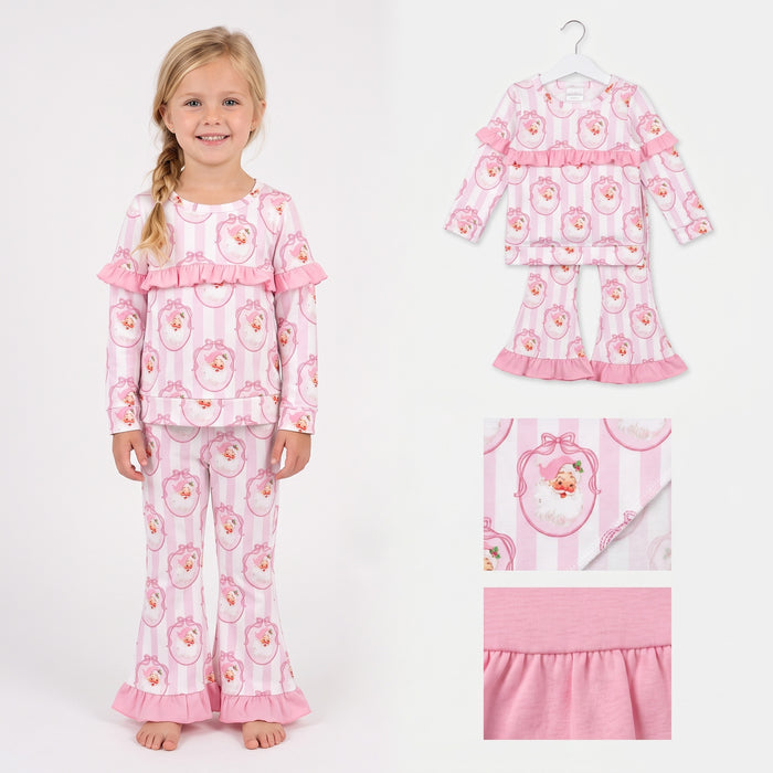 GLP3450 Santa Pink Stripes Top Bell Pants Girls Christmas Clothes Set