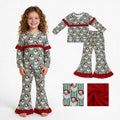 GLP3452 Santa Green Stripes Ruffle Top Bell Pants Girls Christmas Clothes Set