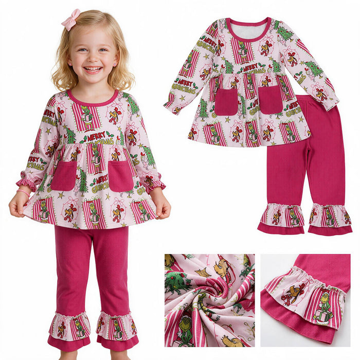 GLP3461 Green Frog Pockets Tunic Top Ruffle Pants Girls Christmas Clothes Set