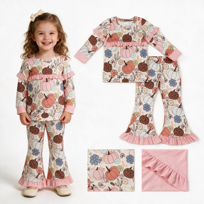 GLP3502 Pumpkin Flowers Ruffle Top Bell Pants Girls Fall Clothes Set