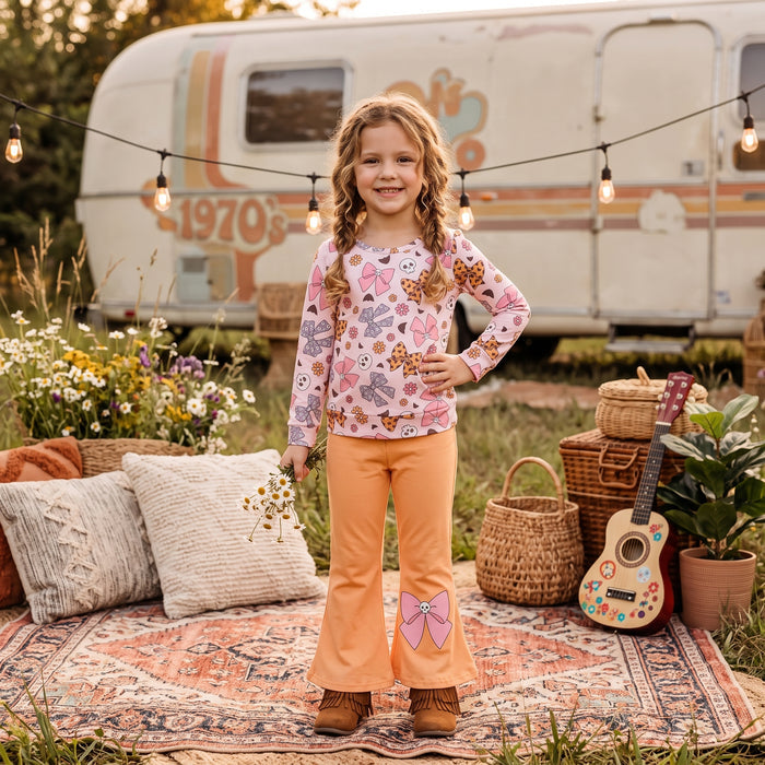 GLP3536 Skull Flowers Bows Top Orange Bell Pants Girls Halloween Clothes Set