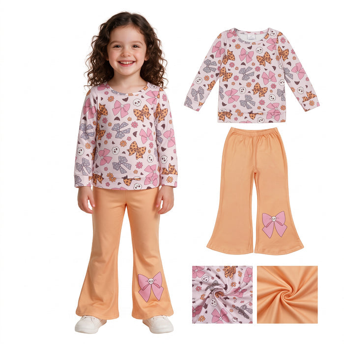 GLP3536 Skull Flowers Bows Top Orange Bell Pants Girls Halloween Clothes Set