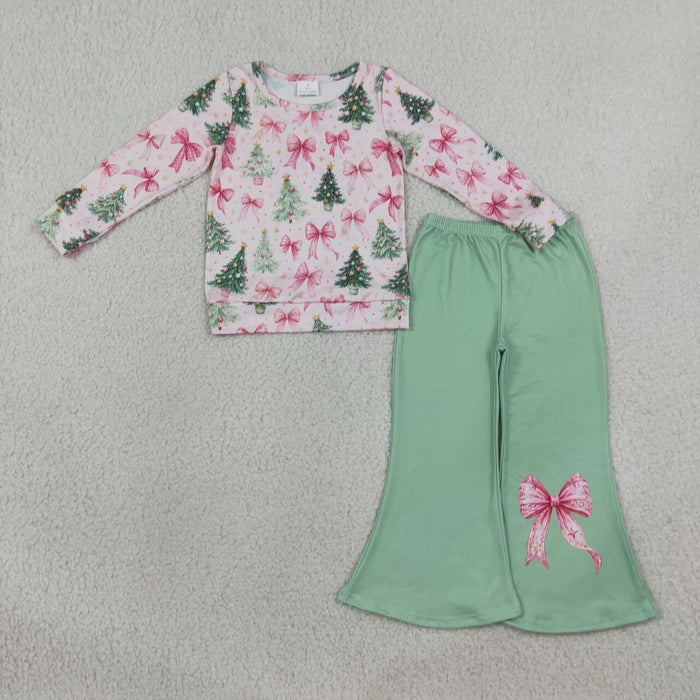GLP3539 Tree Bows Top Green Bell Pants Girls Christmas Clothes Set