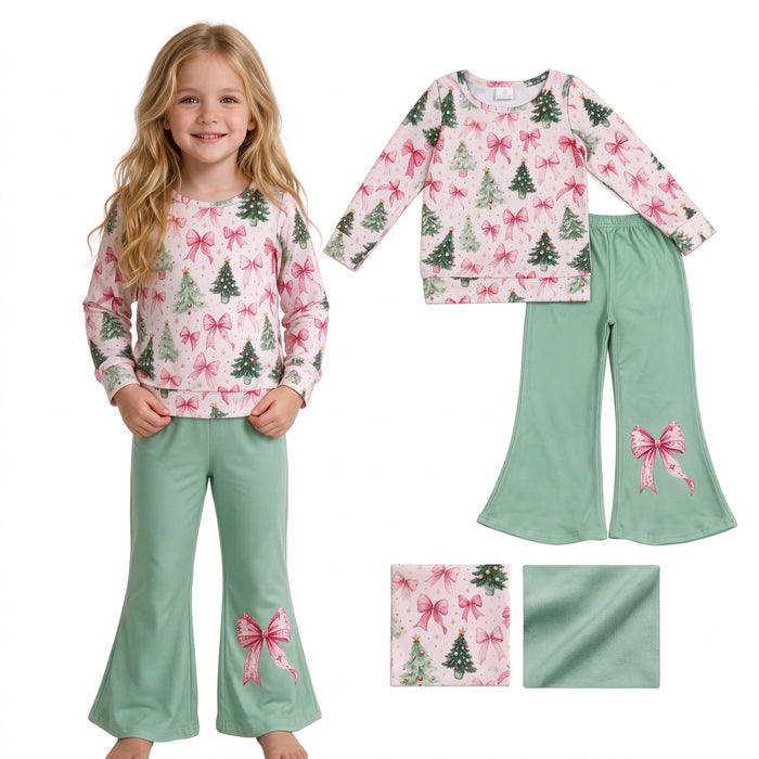 GLP3539 Tree Bows Top Green Bell Pants Girls Christmas Clothes Set