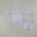 GLS0094 Girls’ Blue & Purple Tie-Dye Long Sleeve Top & Shorts Set