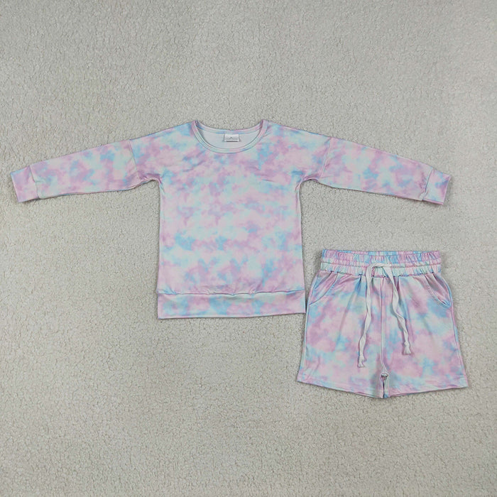 GLS0094 Girls’ Blue & Purple Tie-Dye Long Sleeve Top & Shorts Set