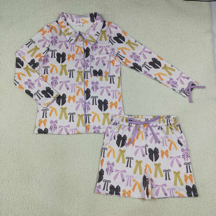 GLS0120 Purple Bows Long Sleeve Top Pockets Shorts Woman Halloween Pajamas Clothes Set