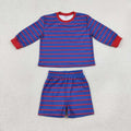 GLS0157 Red Blue Stripes Long Sleeve Top Shorts Kids Yoga Clothes Set