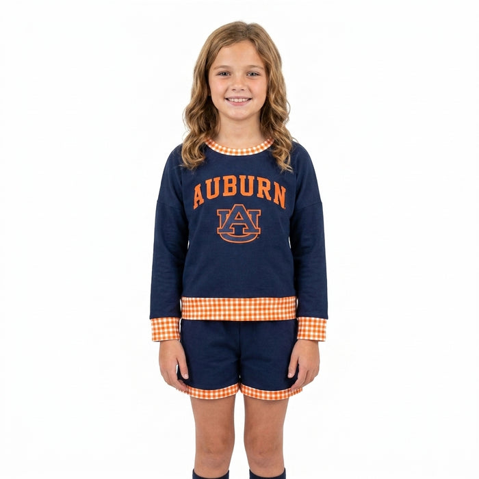 GLS0162 Teams Auburn Vinyl Long Sleeve Top Pockets Shorts Girls Clothes Set