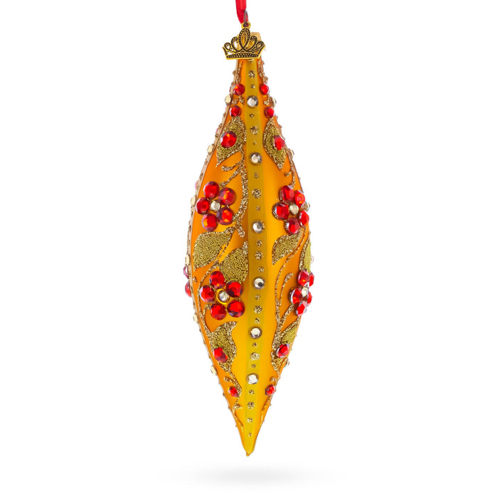 Gold and Red Floral Jeweled Elongated Pointed Teardrop Finial Glass Christmas Ornament