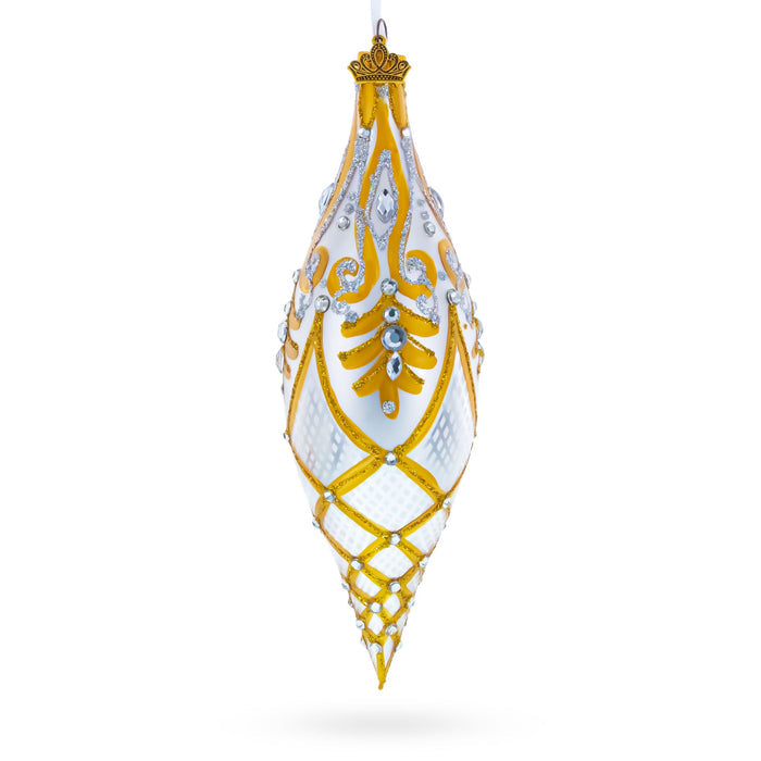 Gold & White Baroque-Style Gem-Encrusted Elongated Pointed Teardrop Finial Glass Christmas Ornament