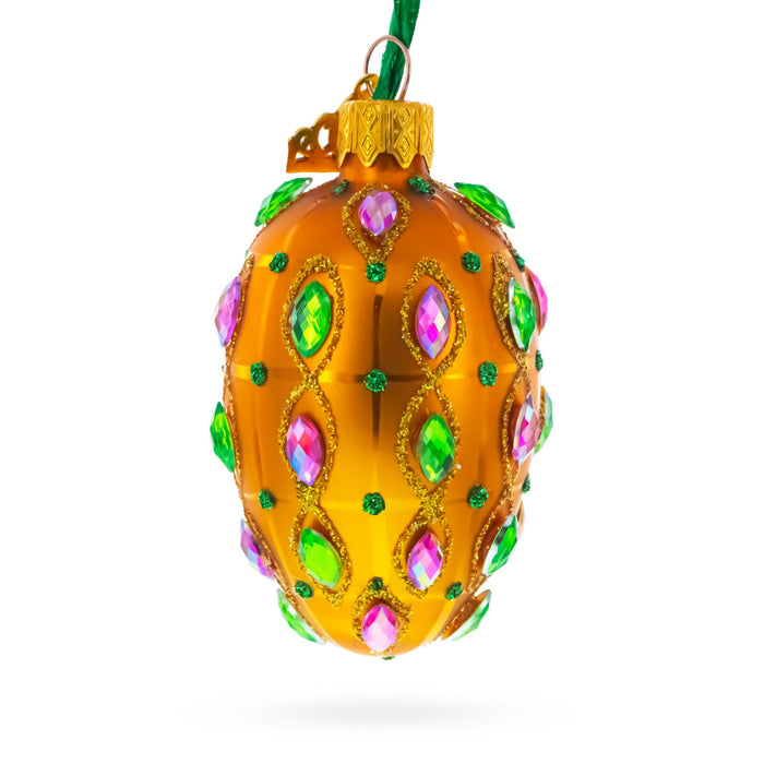 Golden Amber with Pink & Green Jewel Accents Mini Glass Egg Ornament 2.9 Inches