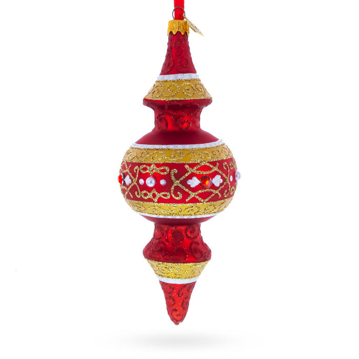 Golden Scroll & Pearl Trim Double-Ended Finial Drop Glass Christmas Ornament