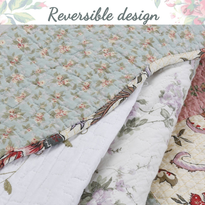 Grace Celadon Real Patchwork Embroidered Scalloped Edge Cotton Reversible Quilt Bedding Set