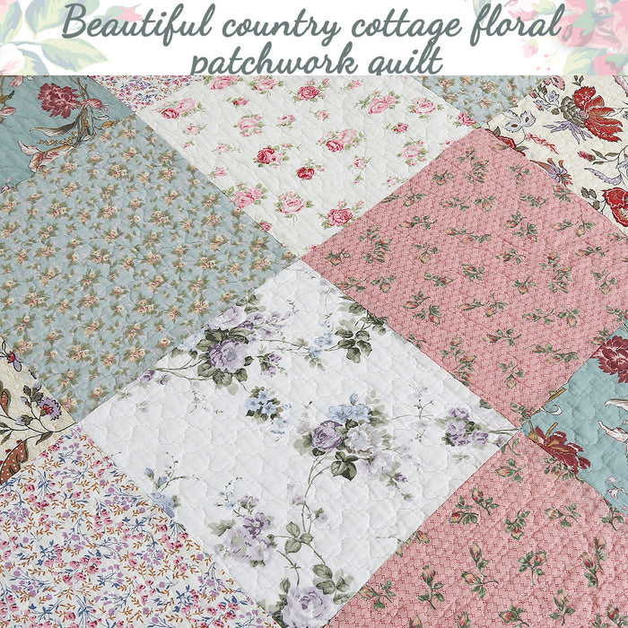 Grace Celadon Real Patchwork Embroidered Scalloped Edge Cotton Reversible Quilt Bedding Set