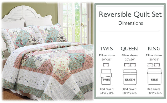 Grace Celadon Real Patchwork Embroidered Scalloped Edge Cotton Reversible Quilt Bedding Set