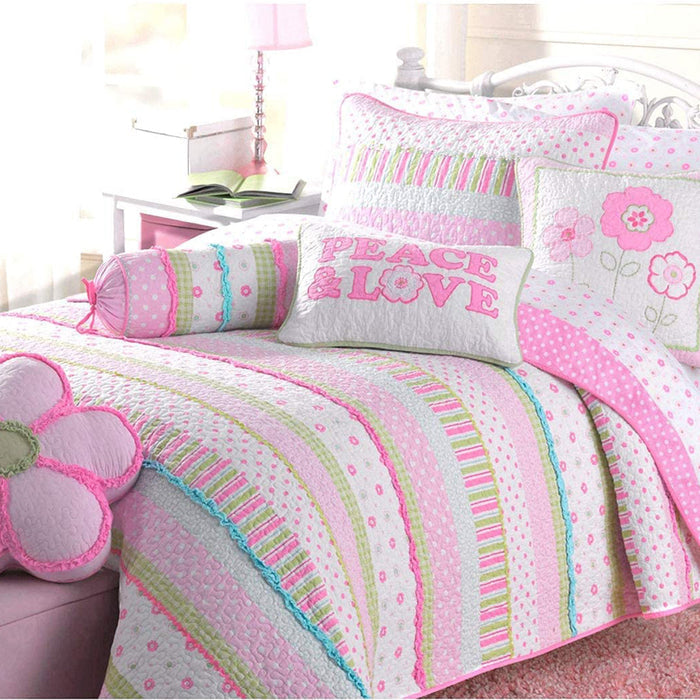 Greta Floral Stripe Pink Real Patchwork Cotton Reversible Quilt Bedding Set
